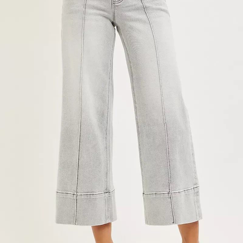 RISEN Tummy Control Mid Rise Crop Wide Pintuck Front Jeans on Simply Obsessed