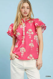 UMGEE Floral Ruffle Sleeve Split-Neck Top on Simply Obsessed