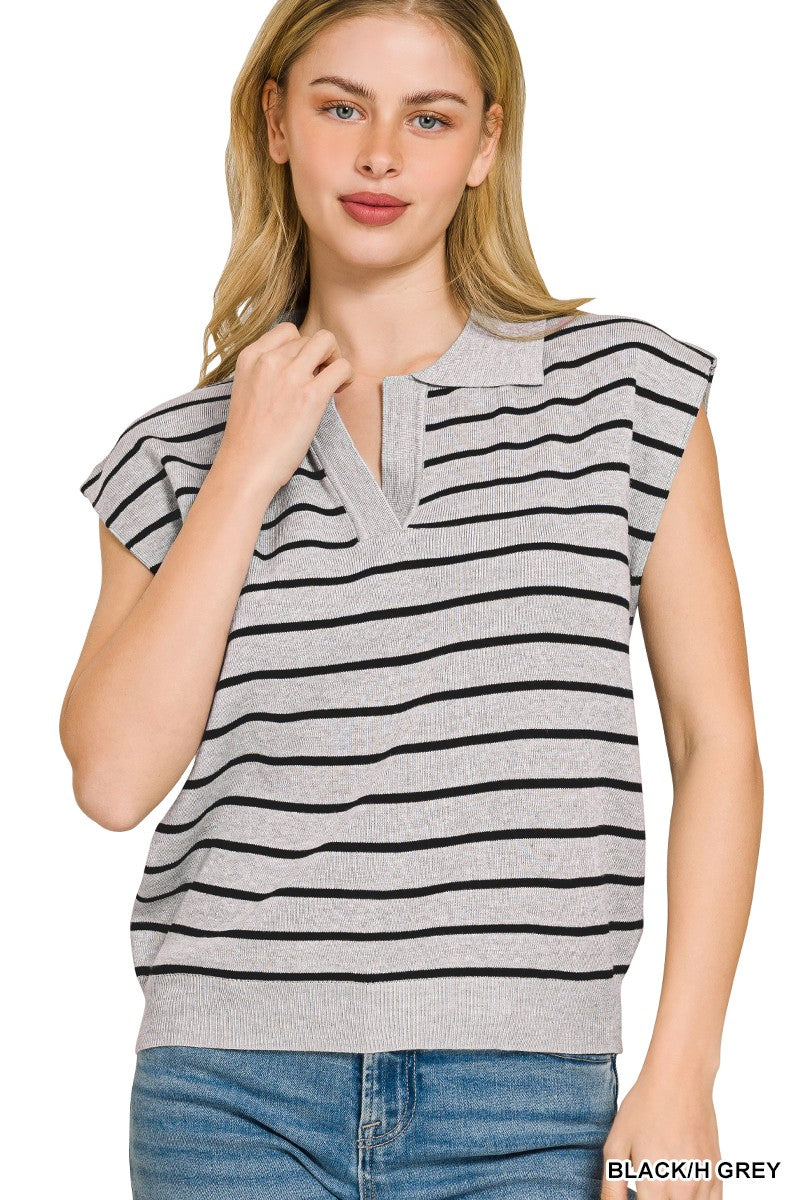 ZENANA Viscose Striped Collared Sweater Vest on Simply Obsessed