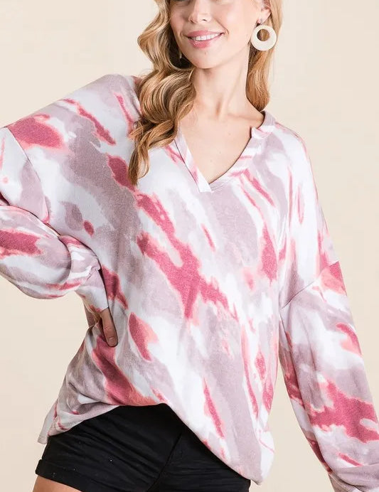 BIBI Tie Dye French Terry Top with Balloon Sleeves ****DOORBUSTER*** on Simply Obsessed