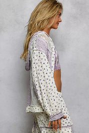 POL Floral Balloon Sleeve Hooded Lace Jacket with Stitch Detail on Simply Obsessed
