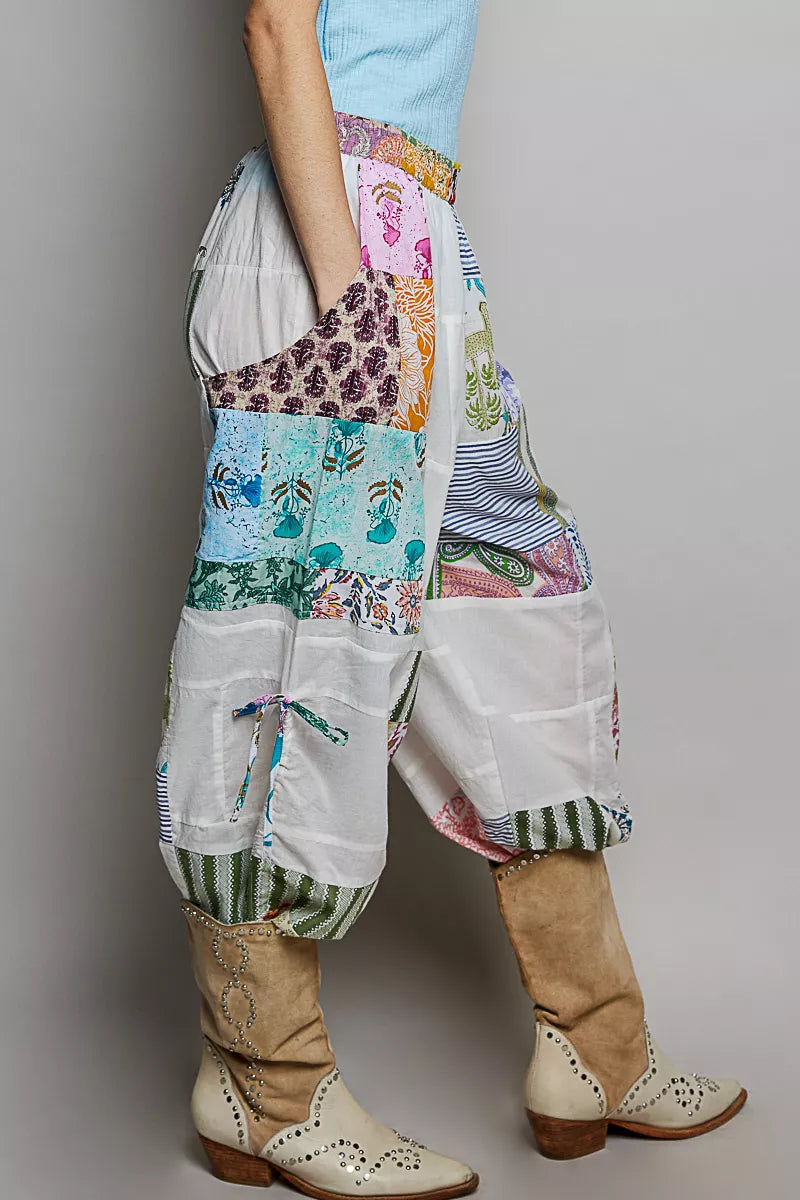POL Printed Patchwork Wide Leg Pants with Adjustable Side Drawstring on Simply Obsessed
