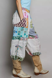 POL Printed Patchwork Wide Leg Pants with Adjustable Side Drawstring on Simply Obsessed