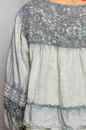 POL Washed Layered Lace Pintuck Flared Woven Blouse on Simply Obsessed