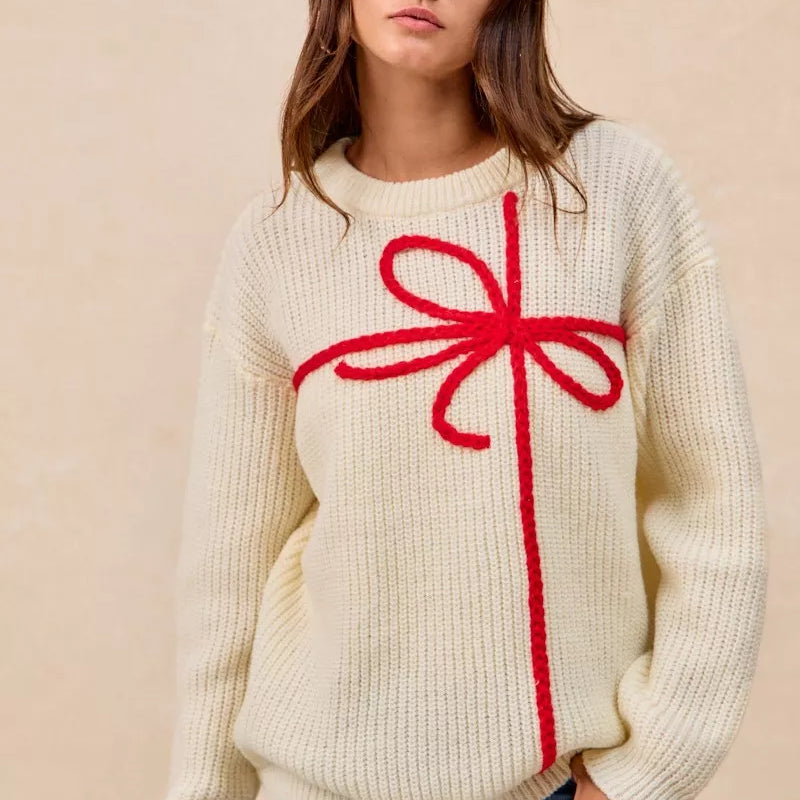 BIBI Christmas Ribbon Bow Embroidery Sweater on Simply Obsessed
