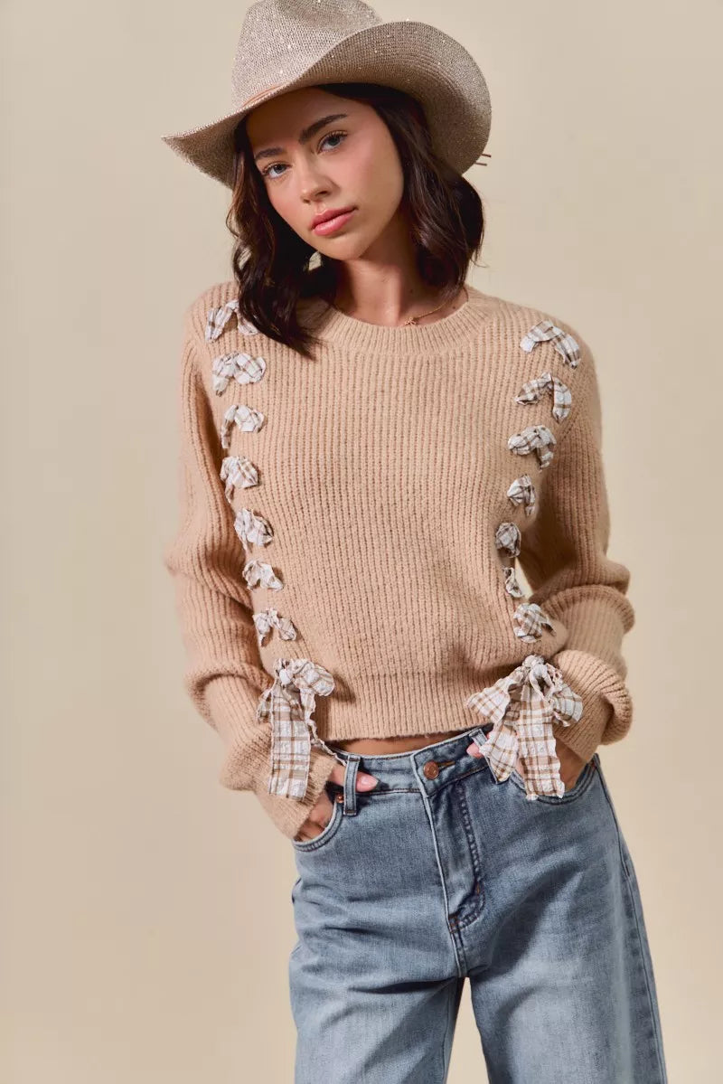 SO ME Checkered Plaid Tape Lace Up Ribbed Sweater on Simply Obsessed