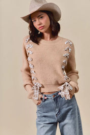 SO ME Checkered Plaid Tape Lace Up Ribbed Sweater on Simply Obsessed
