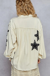 POL Star Patch Raw Hem Button Up Denim Jacket on Simply Obsessed