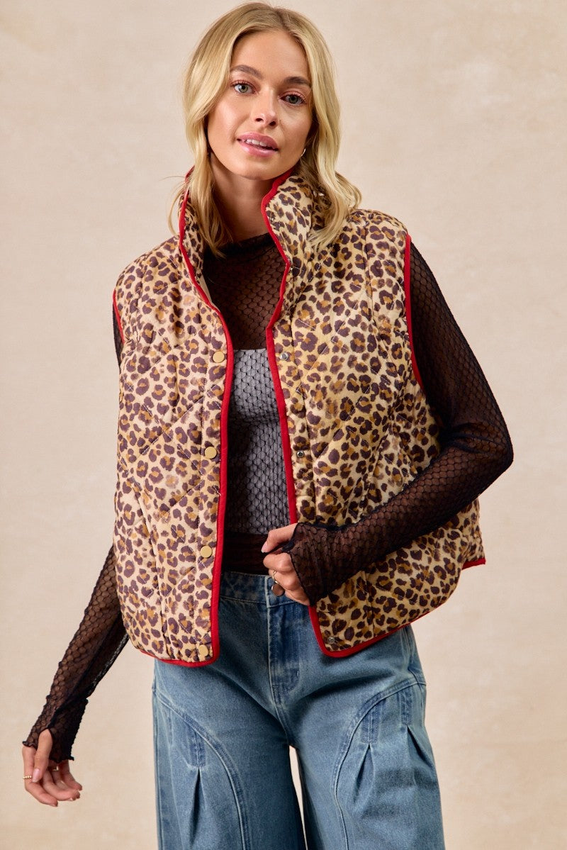 BIBI Leopard Print Piping Detail Quilted Vest on Simply Obsessed