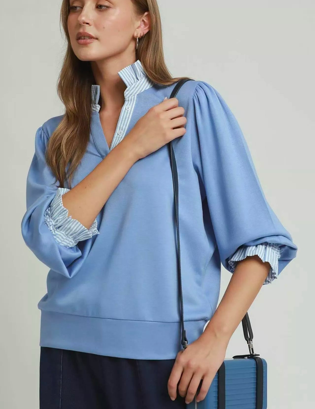 UMGEE Stripe Ruffle Neck Long Sleeve Top on Simply Obsessed