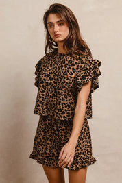 BIBI Leopard Print Waffle Texture Layered Ruffle Sleeve Top and Shorts Set on Simply Obsessed