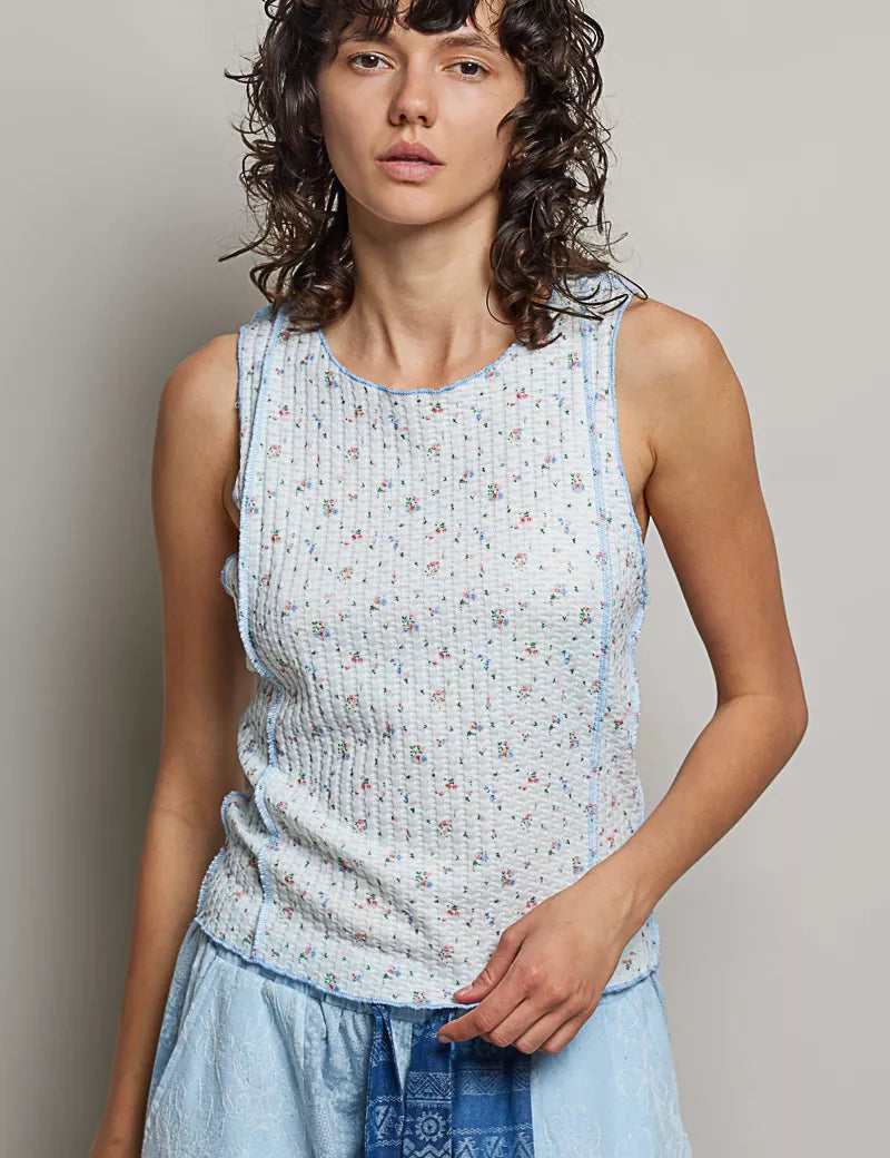 POL Seam detail Floral Round Neck Ribbed Tank on Simply Obsessed