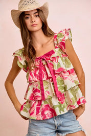 BiBi Floral Print Woven Bow Tie Ruffle Square Neck Top on Simply Obsessed