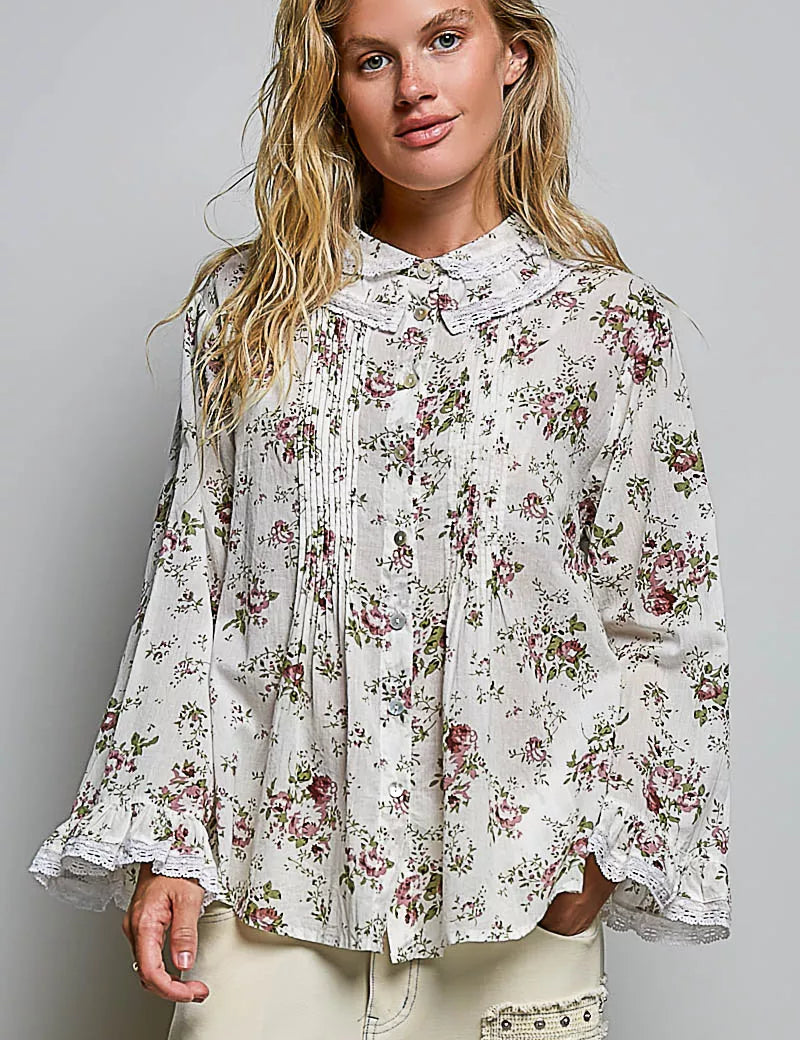POL Floral Lace Trim Pintuck Button-Down Shirt on Simply Obsessed
