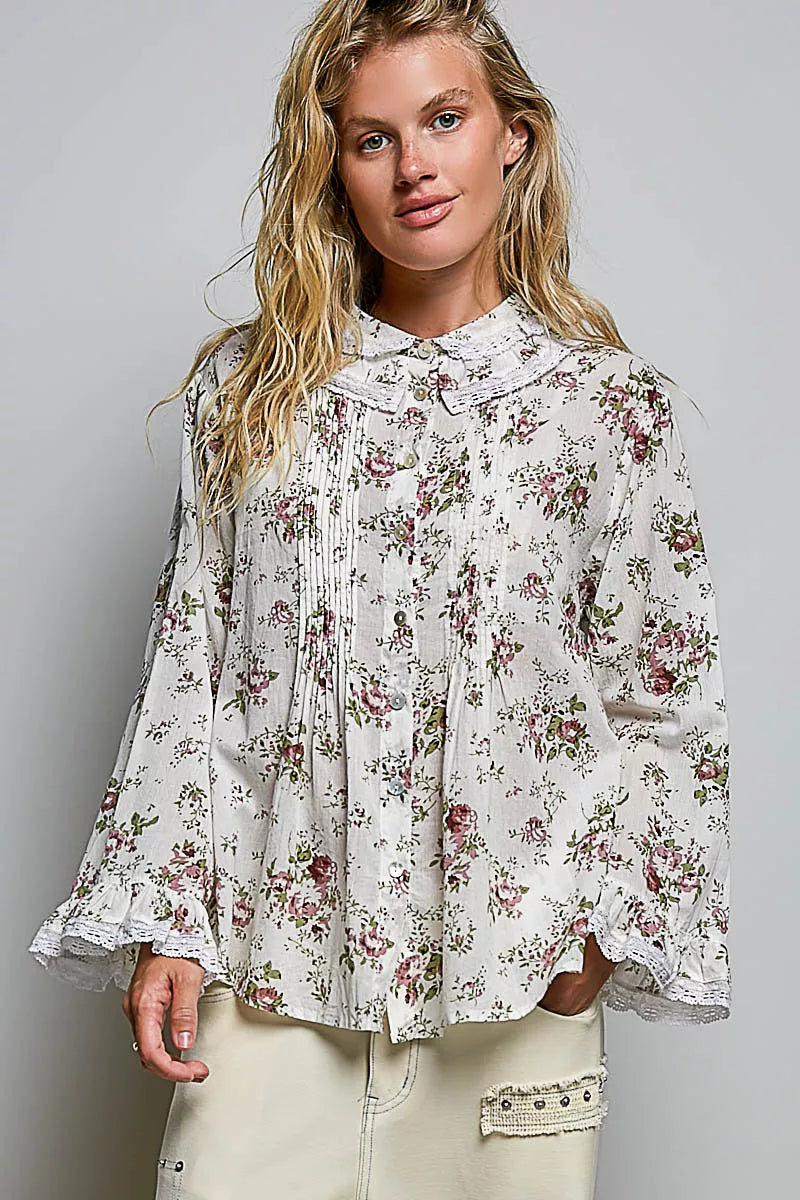 POL Floral Lace Trim Pintuck Button-Down Shirt on Simply Obsessed