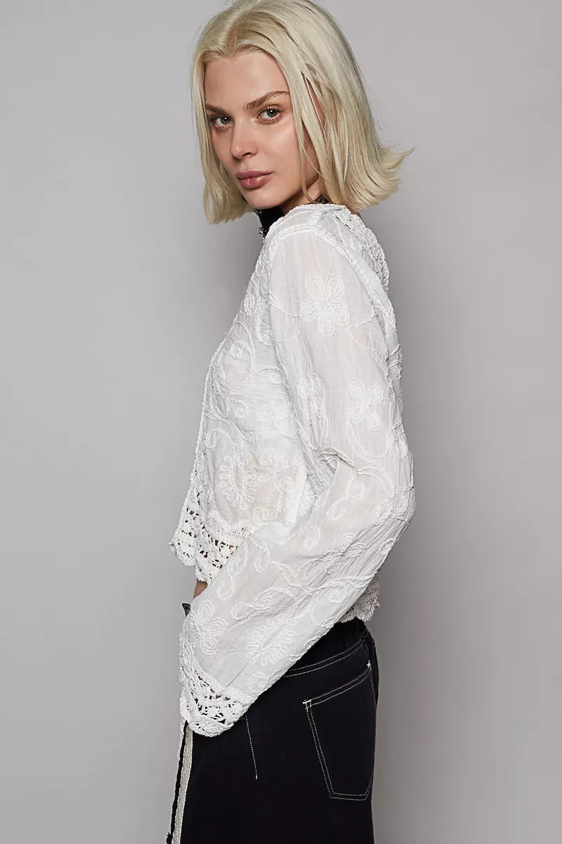POL Long Sleeve Cropped Crochet Top with Floral Embroidery Detail on Simply Obsessed