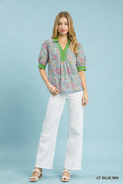 UMGEE Mix Floral Puff Sleeve Blouse with Contrast Trim on Simply Obsessed