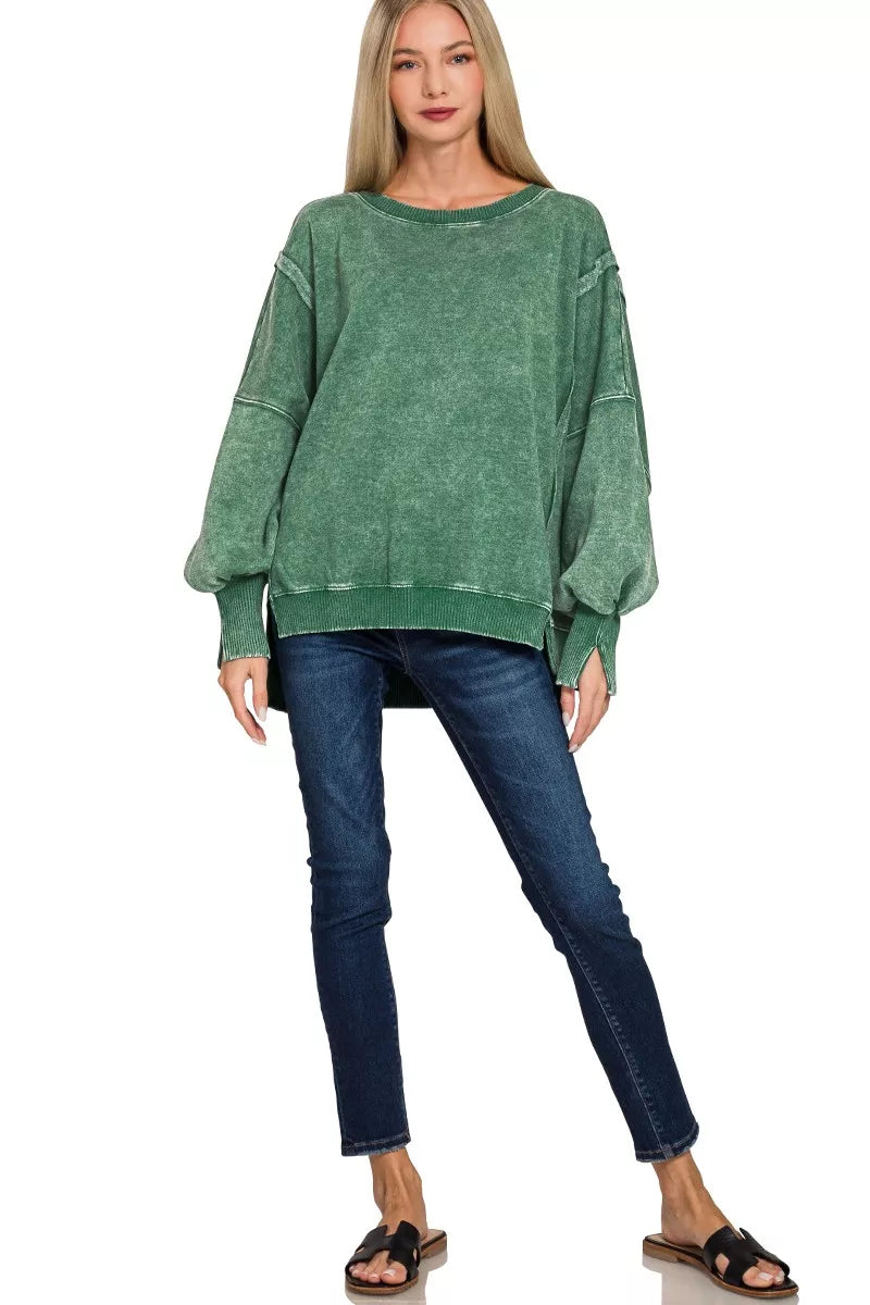 ZENANA Acid Washed Batwing Sleeve Fleece Sweatshirt on Simply Obsessed