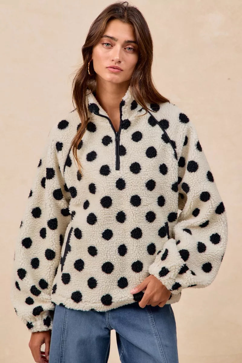 BIBI Polka Dot Sherpa Half Zip Up Top with Side Pocket on Simply Obsessed