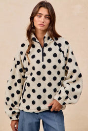 BIBI Polka Dot Sherpa Half Zip Up Top with Side Pocket on Simply Obsessed