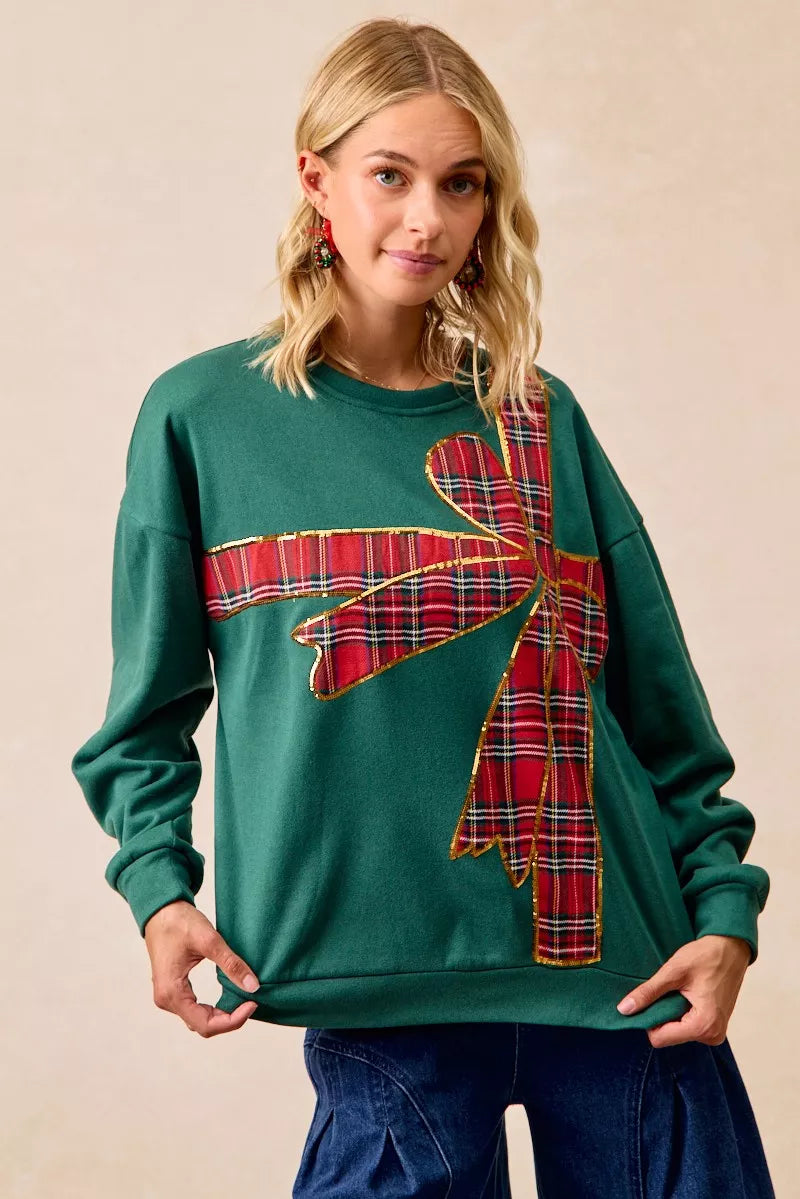BIBI Plaid Ribbon Bow Detail Christmas Fleece Pullover on Simply Obsessed
