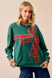 BIBI Plaid Ribbon Bow Detail Christmas Fleece Pullover on Simply Obsessed