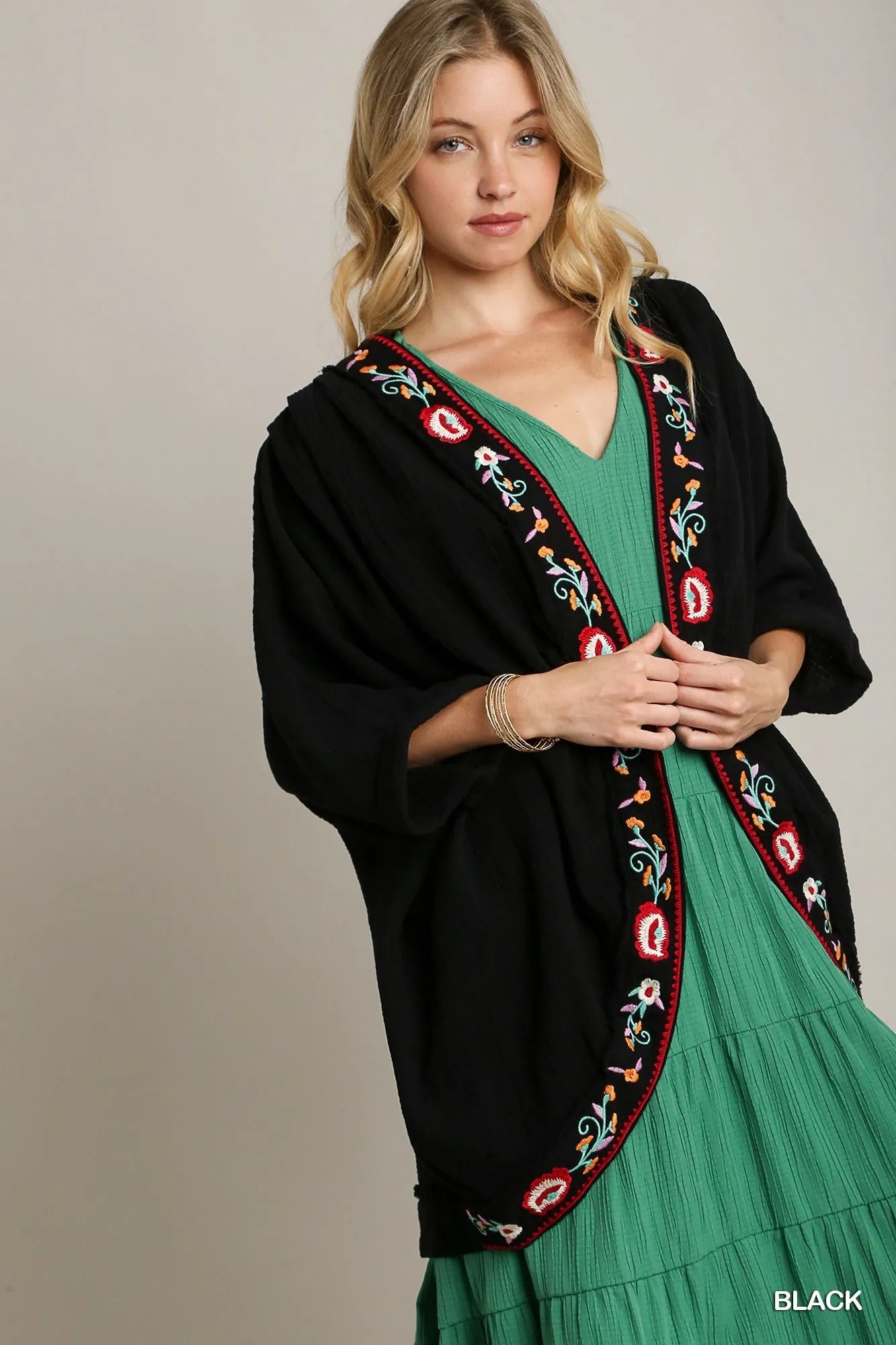 Umgee Embroidery Open Front Kimono with Pleated Shoulder Detail on Simply Obsessed
