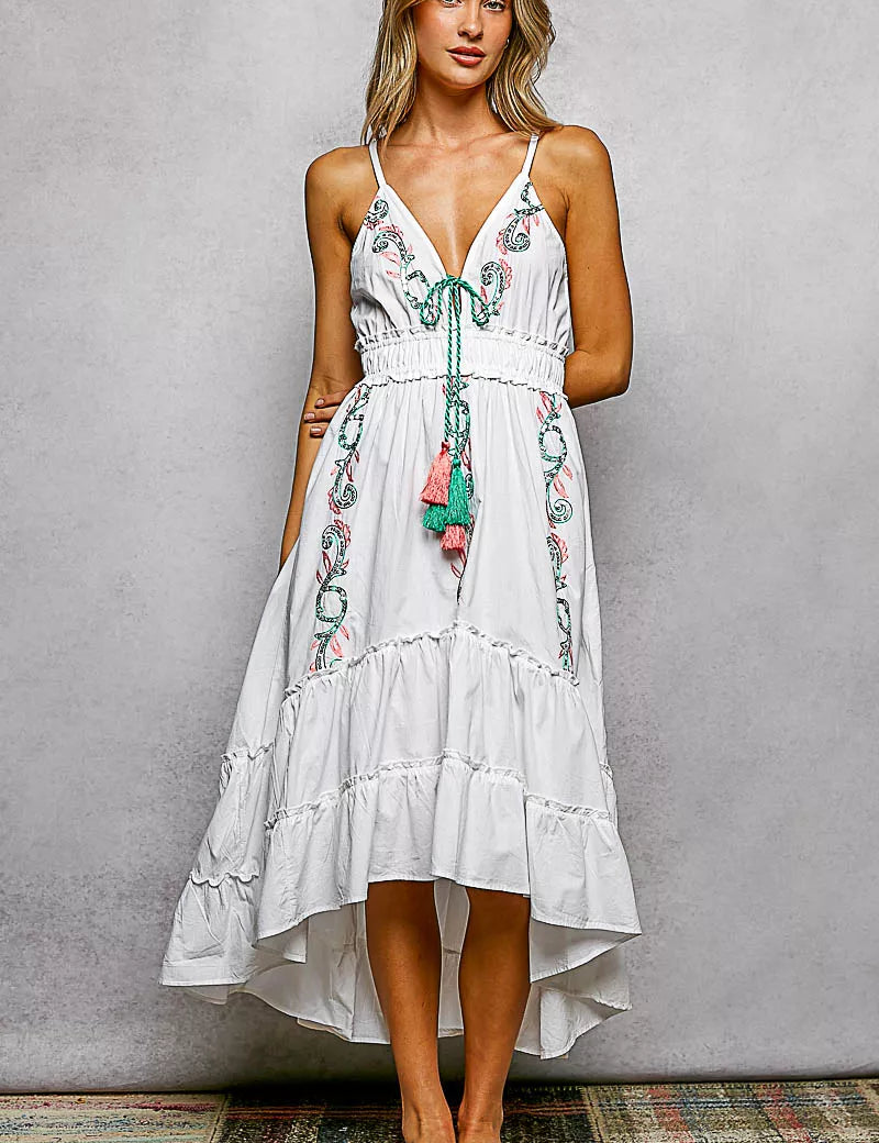 POL Embroidered Detail Tassel Tie Smocked Waist Midi Tiered Cami Dress on Simply Obsessed