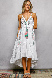 POL Embroidered Detail Tassel Tie Smocked Waist Midi Tiered Cami Dress on Simply Obsessed