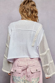 POL Round Neck Washed Top with Crochet See Through Sleeves on Simply Obsessed