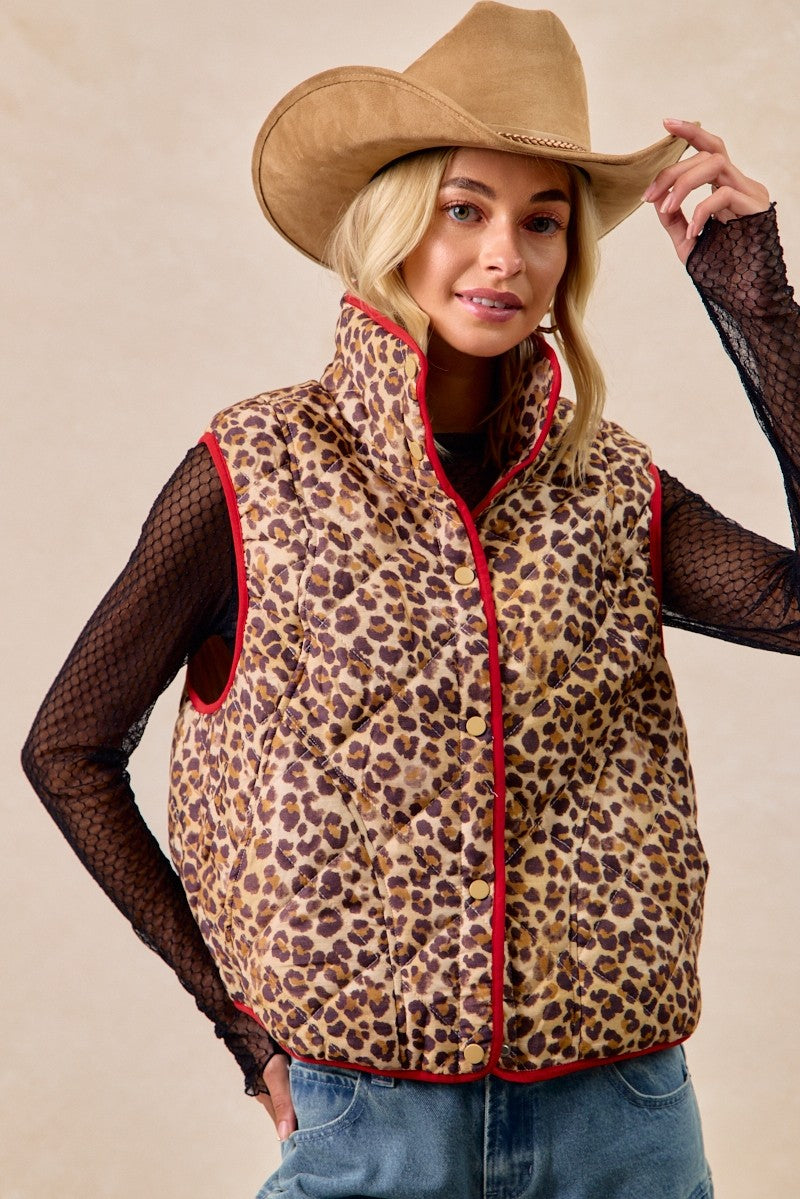 BIBI Leopard Print Piping Detail Quilted Vest on Simply Obsessed