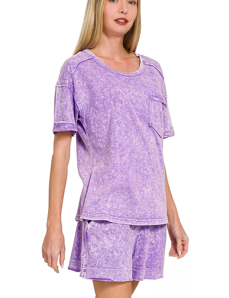 ZENANA Halo Snow Washed Exposed Seam Top & Shorts Set on Simply Obsessed