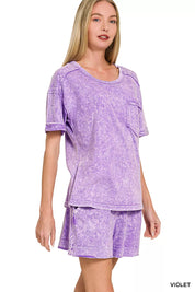 ZENANA Halo Snow Washed Exposed Seam Top & Shorts Set on Simply Obsessed