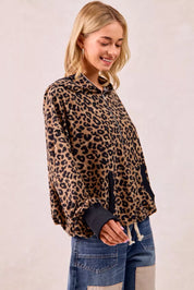 BiBi Leopard Print Waffle Half Zip Up Hoodie W Pocket on Simply Obsessed