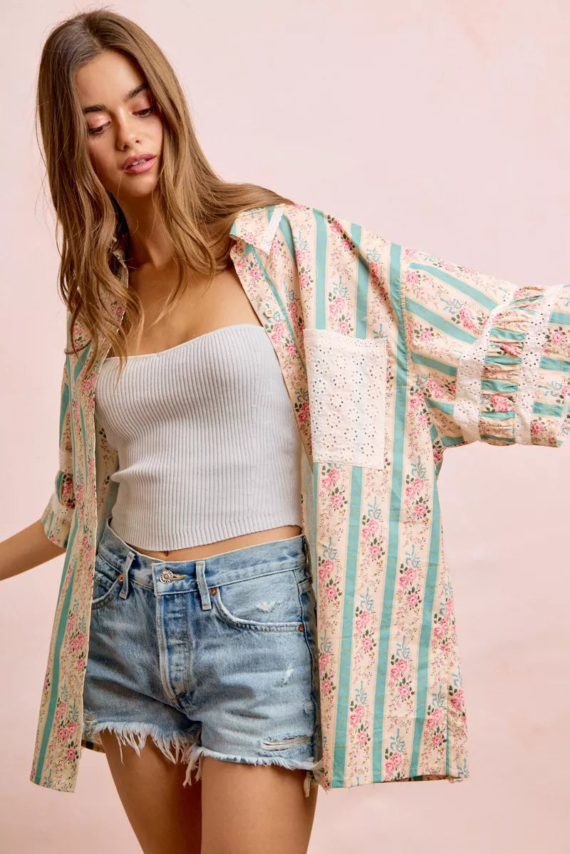 BIBI Eyelet Lace And Floral Mix And Match Shirt Top on Simply Obsessed