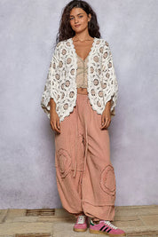 POL Openwork V-Neck Chenille Cardigan with Contrast Floral on Simply Obsessed