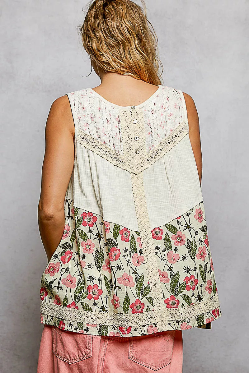 POL Lace Detail Floral V-Neck Tank on Simply Obsessed