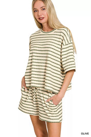 Zenana Striped Short Sleeve Tee & Shorts Set on Simply Obsessed