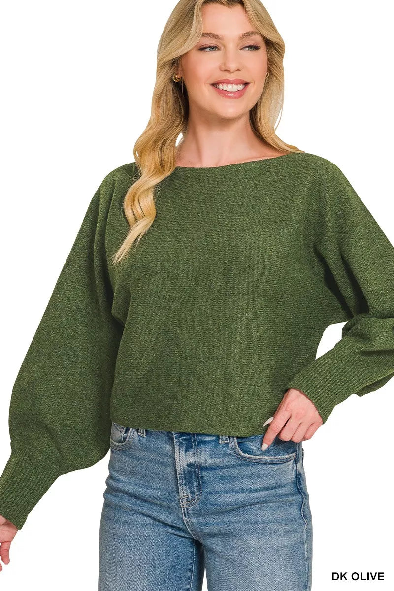 ZENANA Boat Neck Balloon Sleeve Sweater on Simply Obsessed
