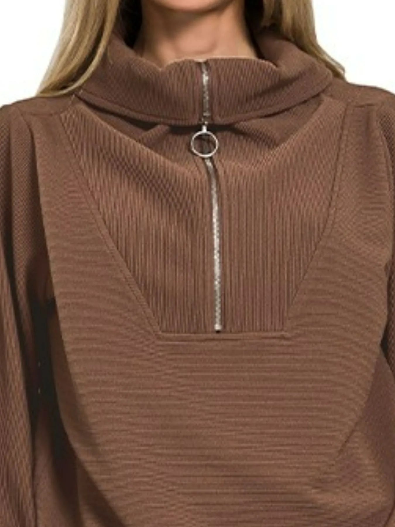 Zenana Ribbed High Neck Half Zip Pullover & Pants Set on Simply Obsessed