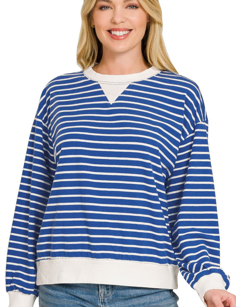ZENANA Striped Rib Banded Sweatshirt on Simply Obsessed