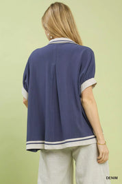 Umgee Linen Button Front Top with Contrast Piping on Simply Obsessed