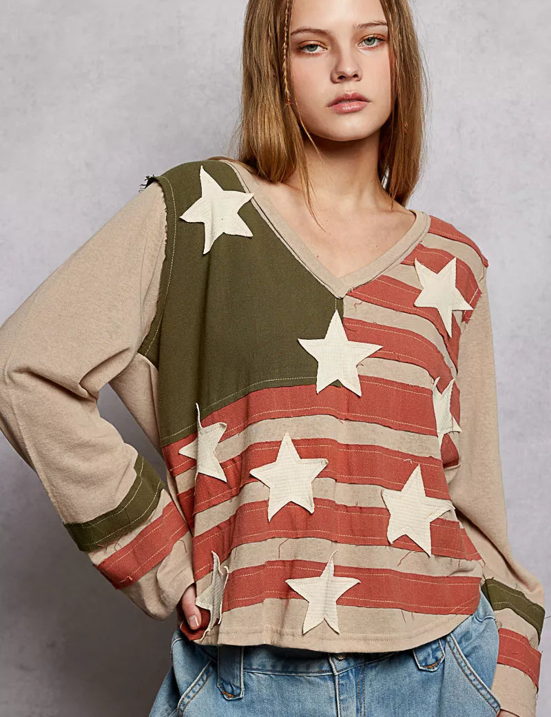 POL Double Gauze American Flag Patch V-Neck Long Sleeve T-Shirt on Simply Obsessed
