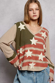 POL Double Gauze American Flag Patch V-Neck Long Sleeve T-Shirt on Simply Obsessed
