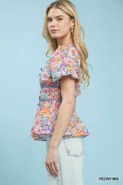 UMGEE Mix Floral Smocked Waist Blouse on Simply Obsessed