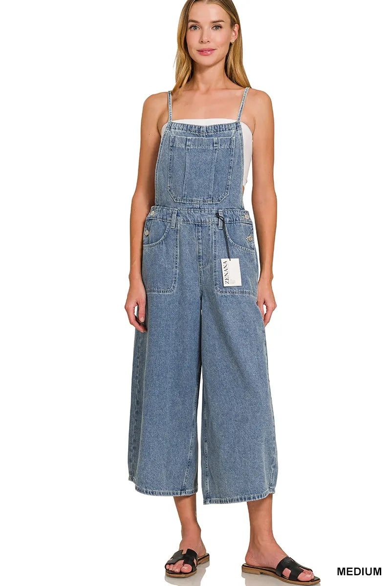 ZENANA Denim Medium Washed Wide Leg Overalls on Simply Obsessed