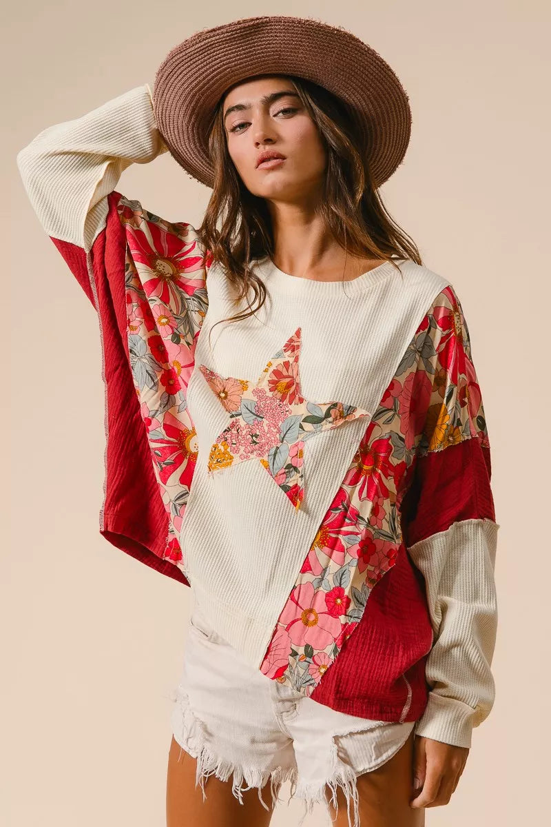 BIBI Floral Print Mixed Star Patch Round Neck Sweatshirt on Simply Obsessed