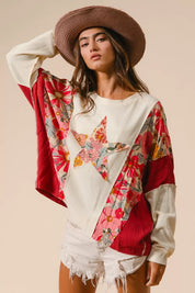 BIBI Floral Print Mixed Star Patch Round Neck Sweatshirt on Simply Obsessed