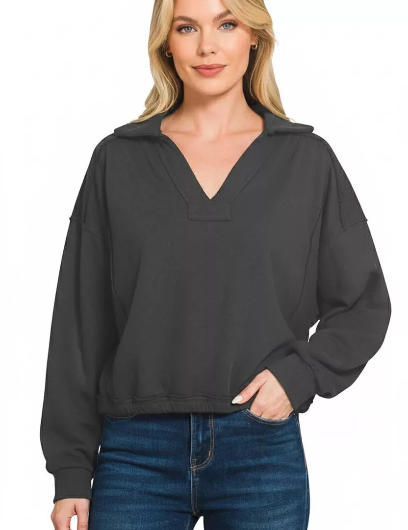 Zenana French Terry Collared Exposed Seam Sweatshirt on Simply Obsessed