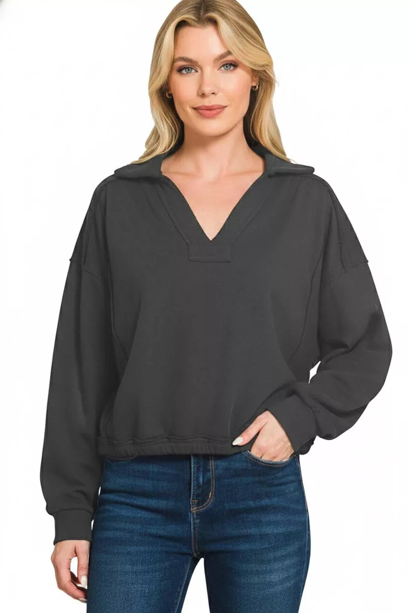 Zenana French Terry Collared Exposed Seam Sweatshirt on Simply Obsessed